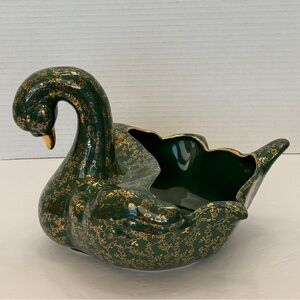 Pearl China Co. 22K Gold Hand Decorated Swan Dish • Emerald Green • 7.5” x 8”